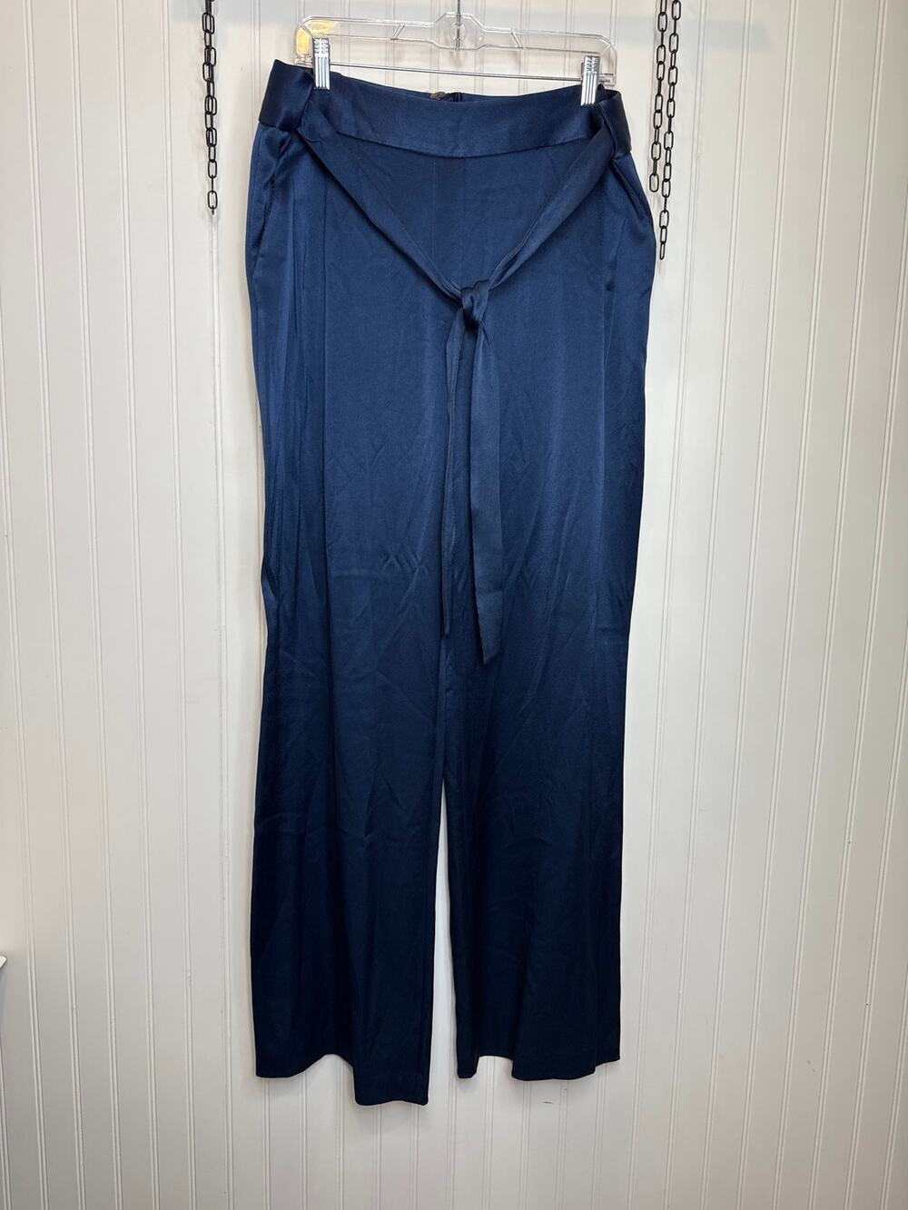 Halston Wide Leg Pants Navy Blue Satin Gorgeous High Waisted Belted Size 14 - Picture 1 of 8